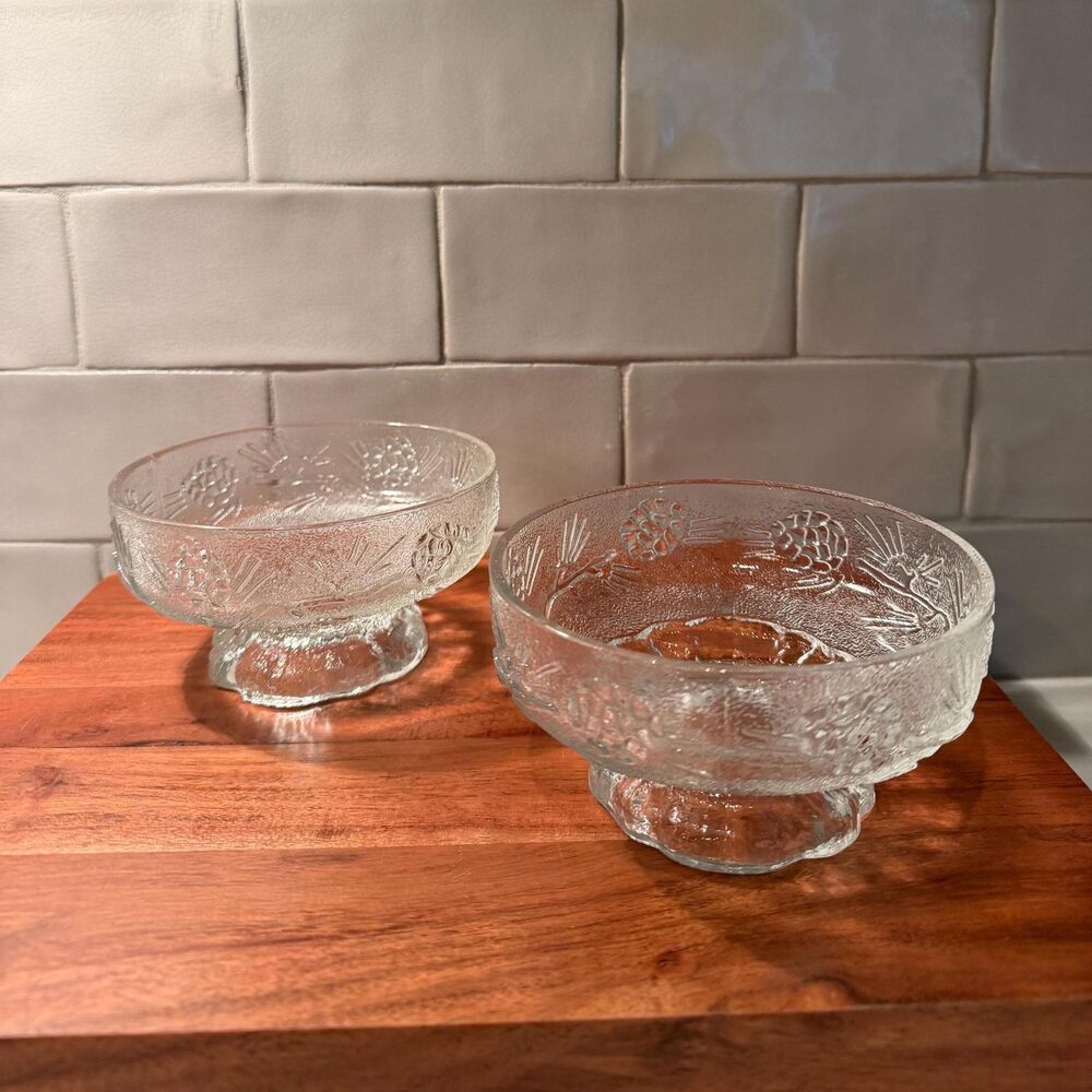 Vintage Tiara Ponderosa Pine Footed Bowls Set of 2, Indiana Glass Clear Crystal